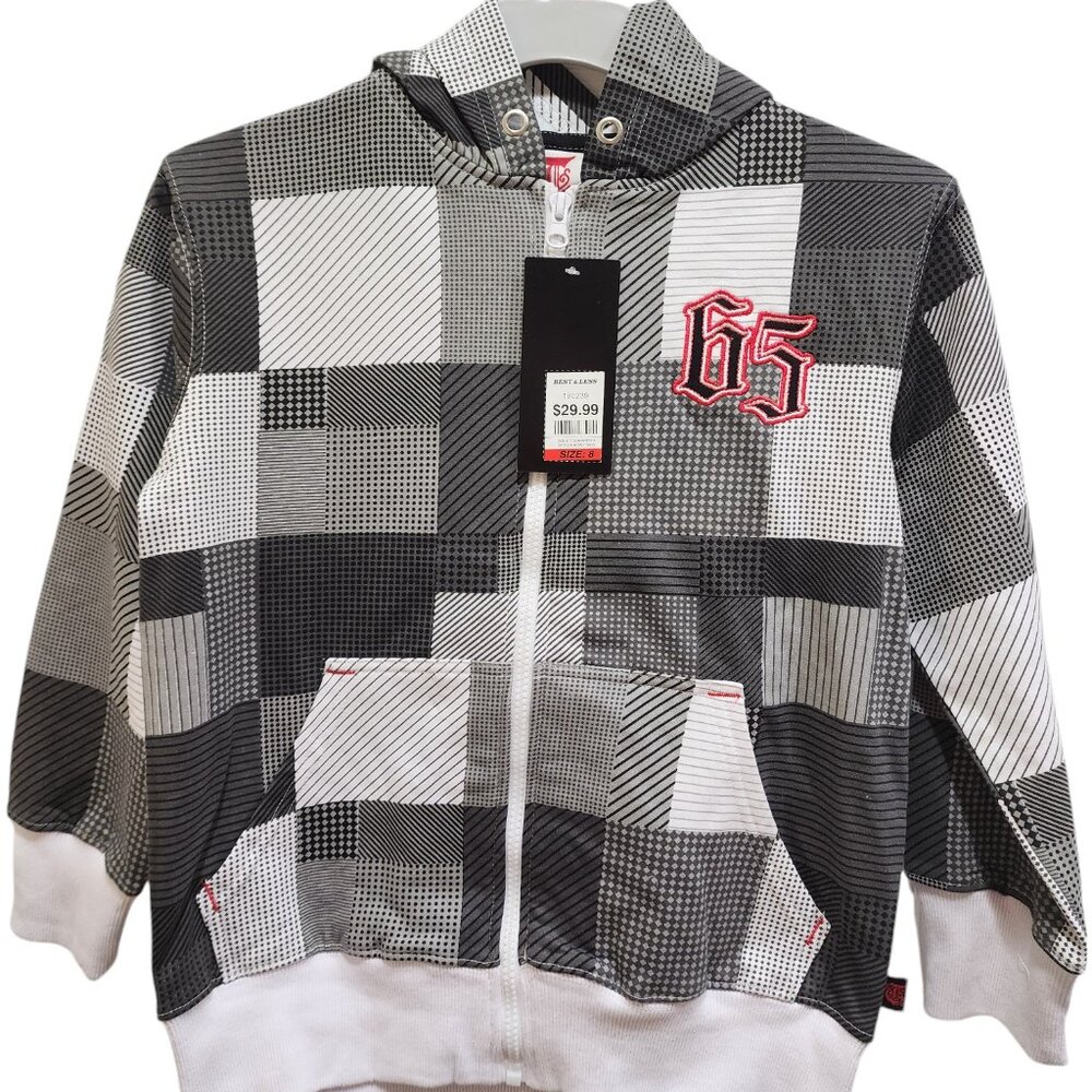 Tilt Hoodie Boys Size 8Plaid White & Grey Pockets Full Zip Cotton Logo